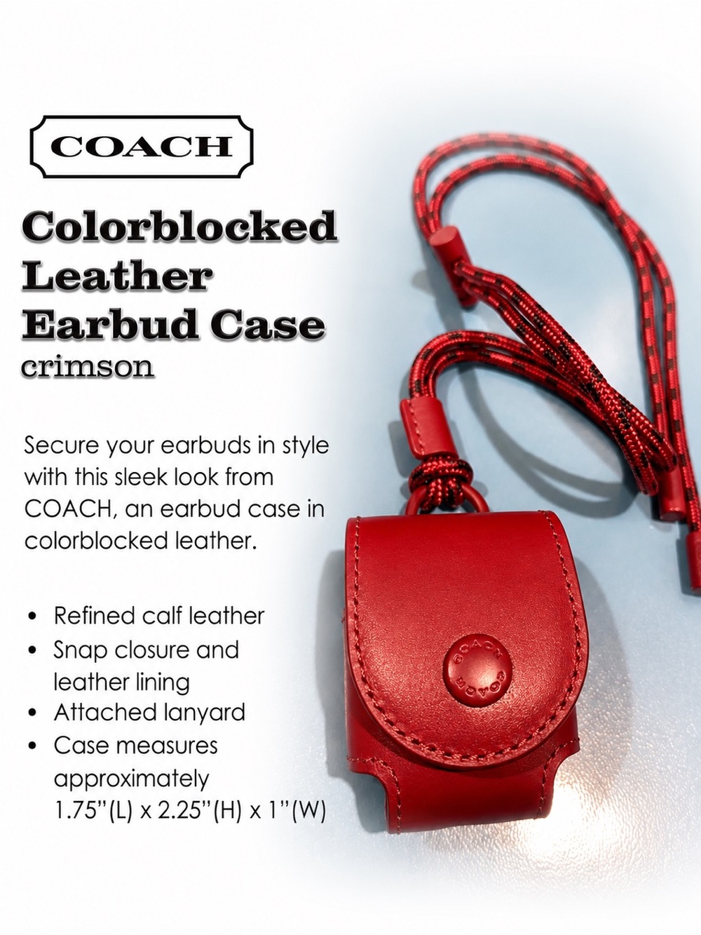 Coach Crimson Red Leather 𝐍𝐖𝐓 Earbud Case with Lanyard strap